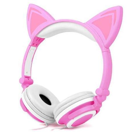 Fone de Ouvido com Orelhinhas de Gato Com Iluminação Led Pisca P2 - ROSA