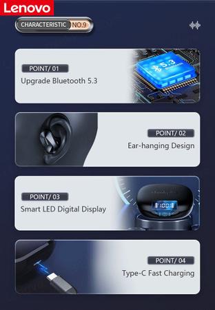 Imagem de Fone de Ouvido Sem Fio Bluetooth 5.3 Lenovo LP75 - Display LED - Preto ou Branco