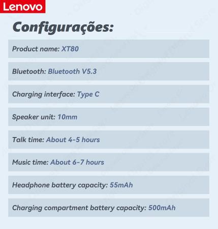 Imagem de Fone de Ouvido Sem Fio Bluetooth 5.3 Lenovo XT80 Corrida Esportes Games Vídeos - Display LED
