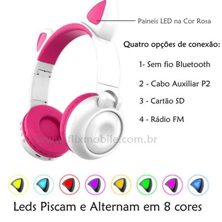 Fone De Ouvido Sem Fio Bluetooth Orelha Gatinho Led Colorido Cor Violeta