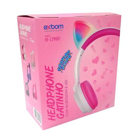 Fone Bluetooth de Gatinho Rosa Claro com Iluminação LED