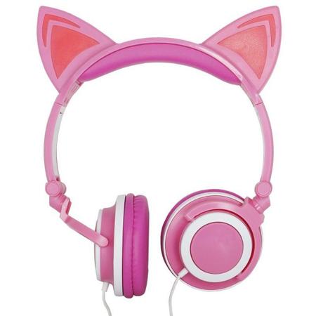 Fone Ouvido Headphone Com Fio Estéreo Orelha Gato Gatinho Led Infantil P2  Exbom HF-C22 Rosa