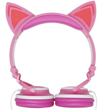 Imagem de Fone Ouvido Headphone Com Fio Estéreo Orelha Gato Gatinho Led Infantil P2 Exbom Hf-c22 Rosa Branco