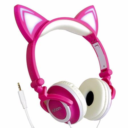 Fone Ouvido Headphone Com Fio Estéreo Orelha Gato Gatinho Led Infantil P2  Exbom HF-C22 Rosa