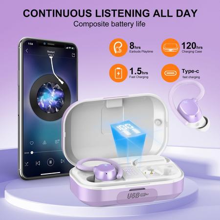 Imagem de Fones de ouvido sem fio POMUIC 120hrs Playtime HiFi Stereo Purple