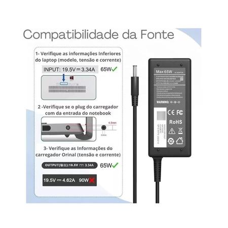 Imagem de Fonte Carregador Dell 19.5v 3.34a 65w Conector 4.5mm X 3.0mm