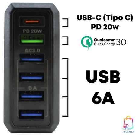 Imagem de Fonte Carregador Rápido 5 Entradas USB 1 Entrada Tipo C 6A Original Bivolt