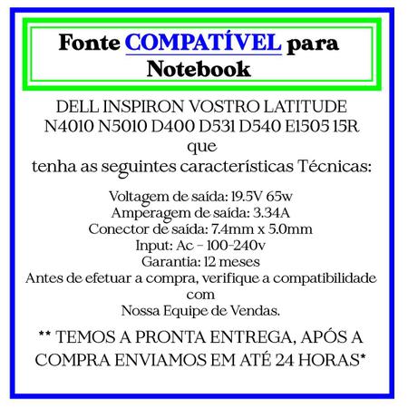 Imagem de Fonte de Nb Compatível p/ Dell N5010 19.5V 3.34a 7.4 * 5.0 m