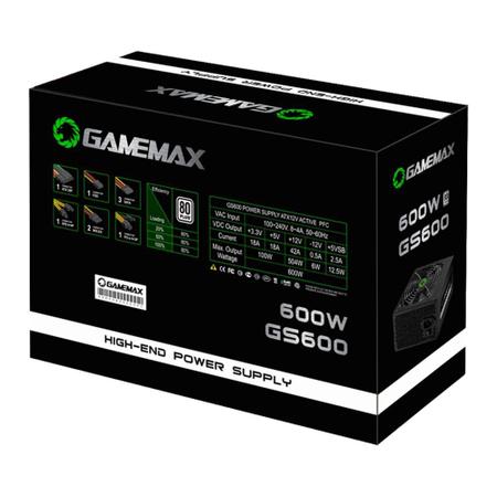 Fonte Gamemax, 600W, 80 Plus White, PFC Ativo, Bivolt, Preto - GS600 FONTE  CUSTO BENEFICIO 