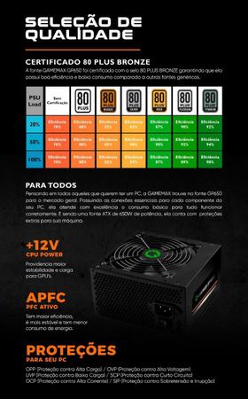 Fonte Gamemax 650w 80 Plus Bronze GP650 PFC Ativo C/ Cabo - Fonte de  Alimentação - Magazine Luiza