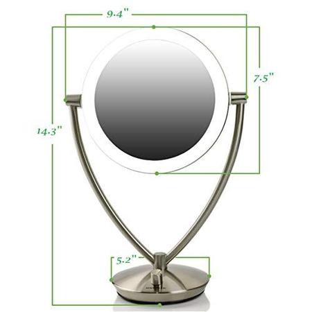 Imagem de Forno 7.5 "iluminado espelho de maquiagem de mesa, 1X & 10X Lupa, LED redondo de dupla face giratória ajustável, interruptor de dimmer, ideal para vaidade e banheiro, bateria alimentada por USB, níquel escovado MLT75BR1X10X