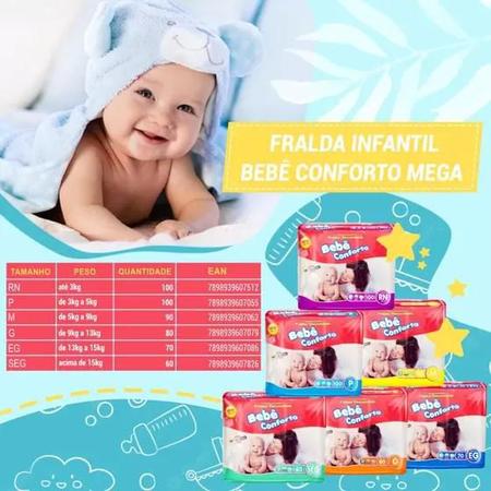 Imagem de Fralda Descartável Bebê Conforto 2 Pacotes Mega Tamanho P Com 100 Unidades Cada - Total 200