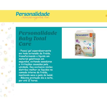 Imagem de Fralda Personalidade Baby Total Care 1 Pacote Tamanho P - Até 5 Kg Com 70 Unidades