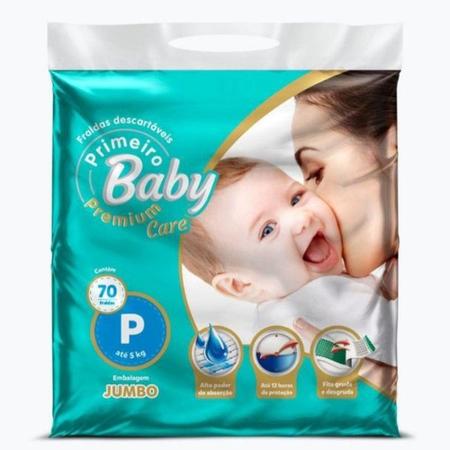 Imagem de Fralda Primeiro Baby Jumbo Premium Care 12 horas Proteção Fecho Gruda Desgruda P 70 Unidades