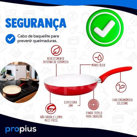 Imagem de Frigideira Antiaderente Revestimento Cerâmico Vermelho Grande Fritar Ovo Kitchen Pouco Óleo Não Gruda Panqueca Tapioca