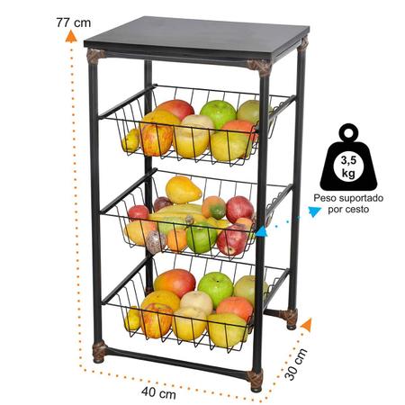 Imagem de Fruteira Cali de Chão Tampo MDF 3 Cestos Removíveis Preta