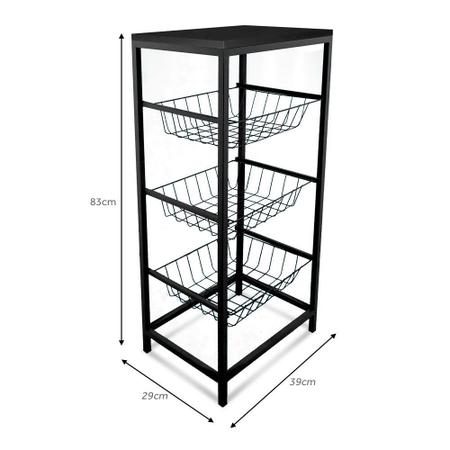 Imagem de Fruteira De Cozinha De Chão Montreal Em Aço E Mdf 3 Cestos Preto e Preto