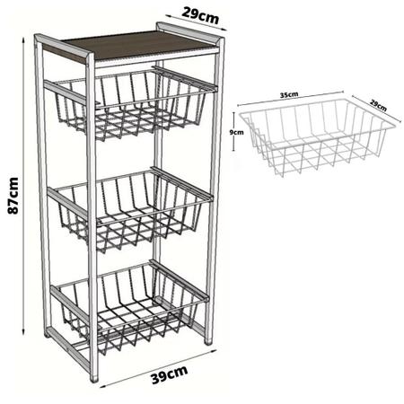 Imagem de Fruteira Suporte De Chão Para Cozinha Filtro Galao De Água Bebedouro Tampo Madeira Mdf 3 Cestos Aramado Deslizantes Em Aço Estilo Industrial