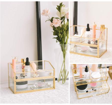 Imagem de FSyueyun Organizador de Maquiagem para Vaidade, Organização de Gaveta de Vidro Transparente e Armazenamento Joias Vitrine Vitrine Cosméticos Ouro Armazenamento Organizador de Batom Bandeja Perfumes para Balcão de Banheiro ou Cômoda