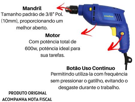 Furadeira De Impacto 600w 10mm Goodyear GY-DI-10600-3 Imagem de Furadeira De Impacto 600w 10mm Goodyear GY-DI-10600-3