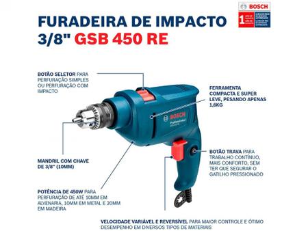 Imagem de Furadeira de Impacto Bosch 450W - Velocidade Variável 3/8” 3 Peças GSB 450 RE STD