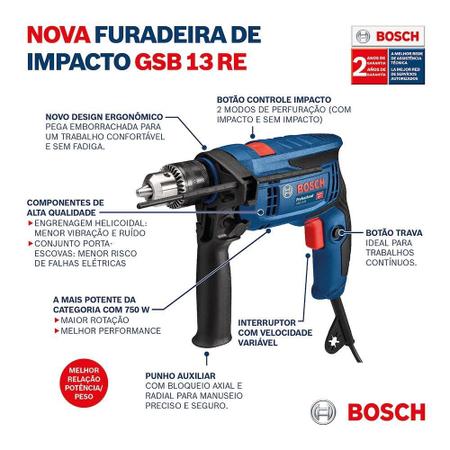 Imagem de Furadeira de Impacto Bosch GSB13 Re Vvr 750W + 5 Brocas e Maleta