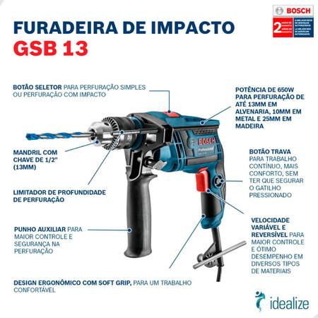 Imagem de Furadeira de Impacto e Parafusadeira c/ Maleta Gsb13 re 127v 750w Bosch