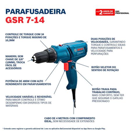 Imagem de Furadeira e Parafusadeira Elétrica Bosch 400W - 127v  GSR 7-14 E Professional Cabo 4 mt