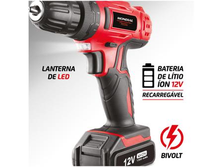 Imagem de Furadeira e Parafusadeira Mondial a Bateria 12V com Maleta Power Tools FPF-06M