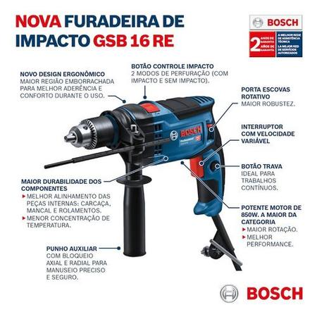 Imagem de Furadeira Impacto Bosch Gsb 16re 850w Kit Fixação Broca 110v