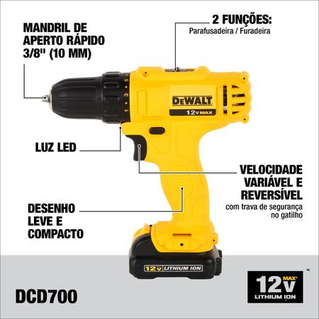 Imagem de Furadeira parafusadeira 3 8 12v 2 bat 1 carr 1 bols dcd700c2br dewalt