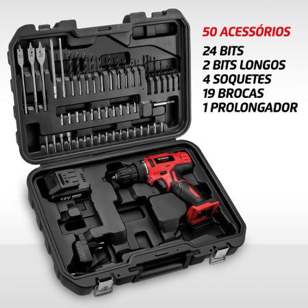 Imagem de Furadeira Parafusadeira 3/8" a bateria 12 volts com maleta + 50 acessórios - PF-07MA - Mondial