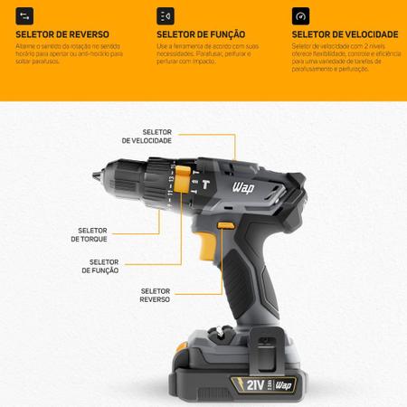 Imagem de Furadeira Parafusadeira de impacto 3/8" a bateria 21V com maleta - K21 ID01 - Wap