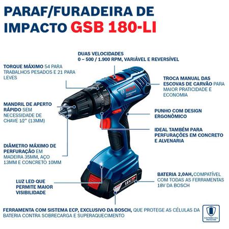 Imagem de Furadeira Parafusadeira GSB 180-LI 2 Baterias 2,0Ah Com 23 Acessórios - Bosch