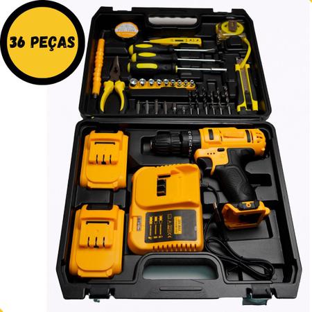 Imagem de Furadeira Parafusadeira Kit Com 36pçs 2 Baterias 21v Maleta