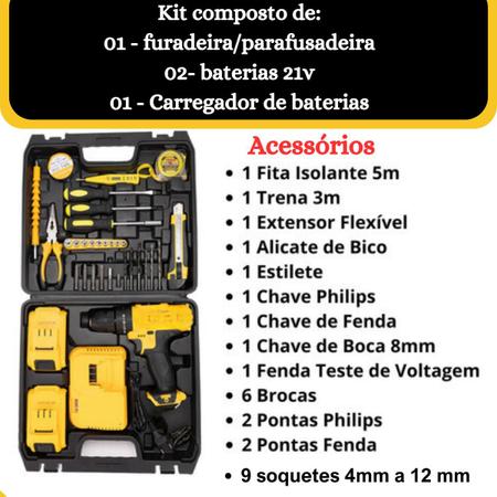 Imagem de Furadeira Parafusadeira Kit Com 36pçs 2 Baterias 21v Maleta