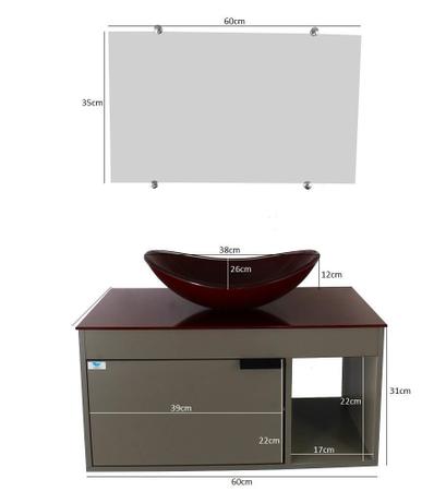 Imagem de Gabinete Armário Banheiro 60Cm Cuba Oval Vermelha