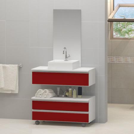 Imagem de Gabinete banheiro creta 60cm com cuba sobrepor e espelho branco/vinho