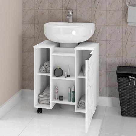 Imagem de Gabinete de Coluna Para Banheiro 01 Porta com Rodízios Pequin B02 Branco Carrara - Lyam Decor