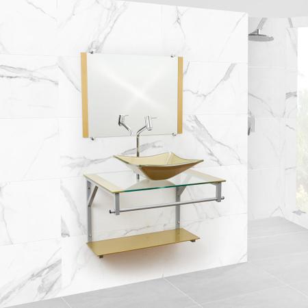 Imagem de Gabinete de vidro para banheiro com cuba de apoio quadrada e espelho incluso - várias cores