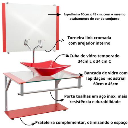 Imagem de Gabinete de Vidro para Banheiro com Cuba Quadrada + Espelho + Torneira Link Inclusa em Várias Cores