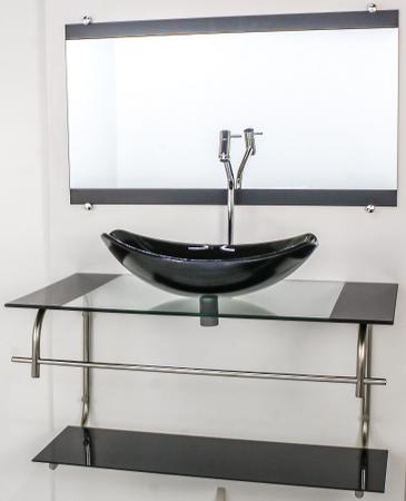 Imagem de Gabinete de vidro para banheiro inox 80cm cuba oval chanfrada preto