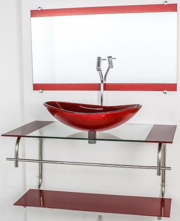 Imagem de Gabinete de vidro para banheiro inox 90cm cuba oval vermelho cereja
