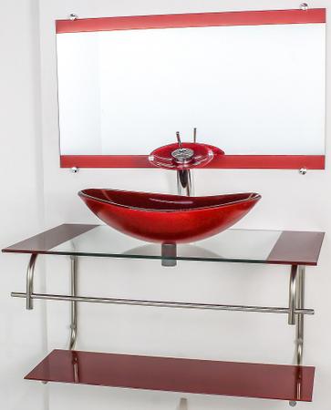 Imagem de Gabinete de vidro para banheiro inox 90cm cuba oval vermelho cereja