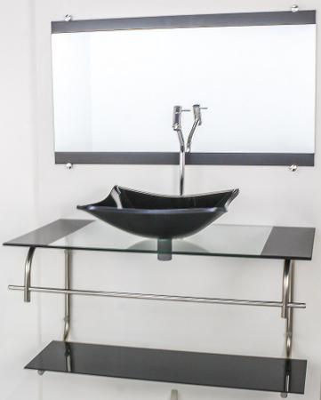 Imagem de Gabinete de vidro para banheiro inox 90cm cuba retangular preto