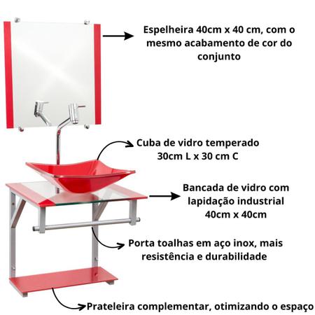 Imagem de Gabinete de vidro para banheiros e lavabos com cuba de apoio quadrada + espelho incluso - vidro reforçado 10mm