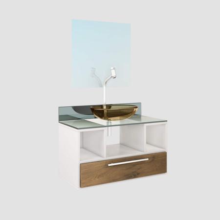 Imagem de Gabinete para Banheiro 1 Gaveta com Espelho e Cuba Taiyo Premium Gabinetes Branco/Nogal