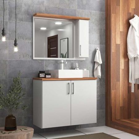 Imagem de Gabinete para Banheiro com Cuba e Espelheira 80cm Mdf Nogal com Branco Paris - On Móveis