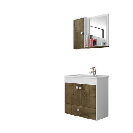 Imagem de Gabinete para Banheiro com Espelho 2 Portas Catar Móveis Bechara Branco/Madeira Rústica