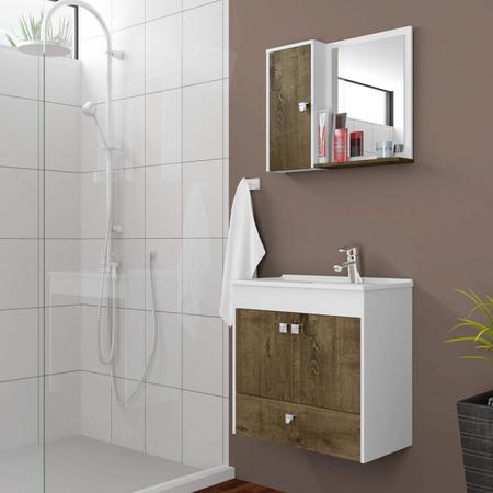 Imagem de Gabinete para Banheiro com Espelho 2 Portas Catar Móveis Bechara Branco/Madeira Rústica